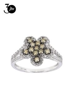 Prazana�� Lab-Grown Diamonds 0.85ctw round white and champagne lab-grown diamond, rhodium over 14k white gold flower cluster ring. Measures approximately 1/2"L x 1/2"W and is not sizeable. Black rhodium enhanced settings. Flower Cluster Ring, Flower Cluster, Gold Flower, Black Rhodium, Gold Flowers, Cluster Ring, Lab Grown Diamonds, Champagne, Diamonds