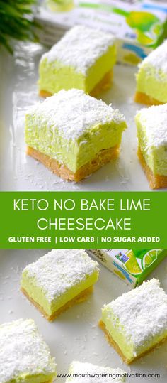 Keto No Bake Lime Cheesecake. The most delicious keto sugar free dessert! This lime cheesecake reminds me of classic key lime pie. Packed with tart and sweet flavour and topped off with shredded coconut. The perfect low carb St.Patrick's Day dessert! #ketolimecheesecake #lowcarblimecheesecake #ketokeylimecheesecake #ketolimedesserts #ketokeylimepie Keto No Bake, Keto Lasagna, Gluten Free Cheesecake, Lime Cheesecake, Low Carb Cheesecake, Lost 100 Pounds, Bite Size Desserts, Low Carb Sweets