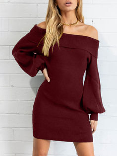 Material:90-95% Polyester. Features:Long lantern sleeve. off-shoulder. ribbed. sweater. solid color. mini dresses.Style:Casual. Solid Color Off-shoulder Mini Dress, Fitted Off-shoulder Sweater, Off-shoulder Ribbed Winter Dress, Solid Color Off-shoulder Fall Sweater, Solid Off-shoulder Sweater For Fall, Solid Fall Off-shoulder Sweater, Fall Mini Sweater Dress Solid Color, Fall Mini Sweater Dress In Solid Color, Winter Ribbed Off-shoulder Dress