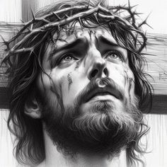 the face of jesus with crown of thorns on his head, drawn in pencil