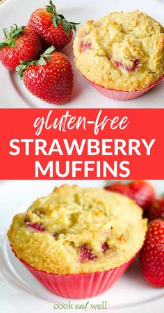 gluten free strawberry muffins on a white plate with fresh strawberries