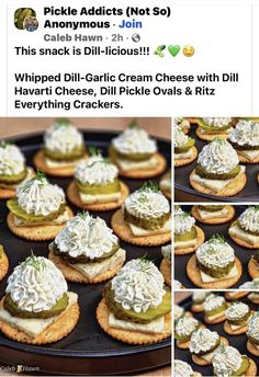 some crackers are topped with whipped cream and dill pickle oozes