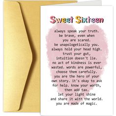 a card with the words sweet sixteen written in pink and yellow on top of it