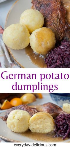 two plates with different types of food on them and the words german potato dumplings