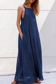 Solid Casual Sleeveless Double Wear Maxi Dress - Regocy Silk Dress Casual, Boho Silk Dress, Maxi Rok, Double Wear, Maxi Dress Online, Vintage Maxi Dress, Fashion Dresses Casual, Vintage Style Dresses, Pocket Dress