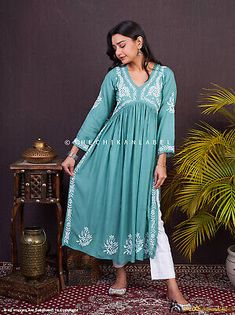 ad eBay - ▪ Fabric: Modal ▪ Sleeves: 3/4 Sleeves ▪ Style: Nyra Cut Anarkali Kurti ▪ Length: 44-46 Inches ▪ Occasions: Casual Wear, Office Wear, Festive Wear ▪ Garment Care: Hand Wash Only ▪ Price Includes: 1x Kurti Chikankari Anarkali Kurta, Chikankari Anarkali, Lucknowi Chikankari, Anarkali Kurti, Anarkali Kurta, Sleeves Style, India And Pakistan