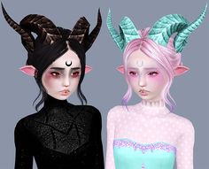 two females with horns on their heads are standing next to each other