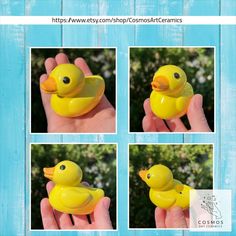 four pictures of a yellow rubber ducky in the palm of someone's hand