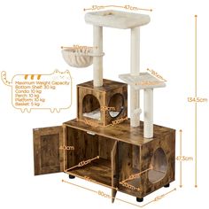 the cat tree is made out of wood and has three levels to fit into it