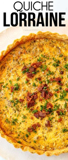 a quiche with cheese and bacon on top is shown in the middle of this recipe