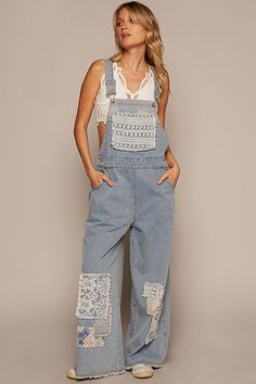 POL Denim Overalls with Crochet Patch Details Cottagecore Overalls, Denim Patchwork, Denim Details, Midi Maxi Dress, Denim Overalls, Casual Denim, Hoodie Top, Jumpsuit Dress, Stylish Outfits