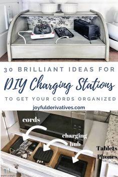 an open drawer with electronics in it and the words 30 brilliant ideas for diy charging stations to get your cords organized