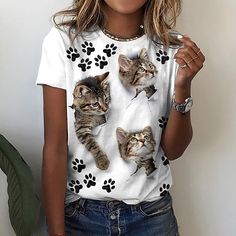 Category:T-shirt; Fabric:Polyester; Sleeve Length:Short Sleeve; Look After Me:Machine wash,Washable,Wet and Dry Cleaning; Gender:Women's; Theme:3D Cat,Painting; Style:Basic; Elasticity:Micro-elastic; Tops Type:T Shirt; Occasion:Casual,Weekend; Details:Without Lining; Top Length:Regular Tops; Fit Type:Regular Fit; Pattern:3D,Cat; Design:Print; Neckline:Round Neck; Brand:Shall We; Listing Date:07/01/2022; Bust:; Length:null; Sleeve:; Fit US Size:null; Fit UK Size:null; Fit EU Size:null; Print Type Cat Themed, Printed Sleeves, Cat Print, Amelie, Home Fashion, Top Casual, Brunei, Lany, Fashion Tees