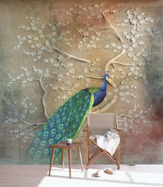 a peacock sitting on top of a chair next to a wall