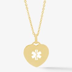 The Heart and Oval Chain Necklace in Gold is the perfect blend of style and safety. The heart-shaped pendant can be engraved with your personal medical information, making it easily accessible to first responders in case of an emergency. This gold tone stainless steel pendant is a great choice for everyday wear. Keep your medical information close to your heart with this stylish and secure necklace.

This heart-shaped medical alert necklace is the perfect option for those with dexterity challeng Medical Alert Jewelry, Medical Alert Necklace, Hope Bracelet, Medical Id Bracelets, Medic Alert Bracelets, Necklace Extender, Medical Alert, Health Info, Stainless Steel Pendant