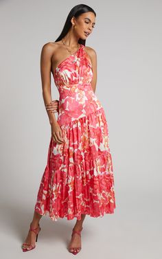 Georgine Midi Dress - One Shoulder Ruched Tiered Dress in Peony Blossom | Showpo USA Tropical Ruffle Dress, One Shoulder Maxi Dress Summer, Summer Colour Bridesmaid Dresses, Bright Dresses Summer, Apricot Maxi Dress, Colorful Cocktail Dress, Tropical Formal Dress, Summer Cocktail Dress Wedding Guest, Garden Formal Wedding Attire Guest