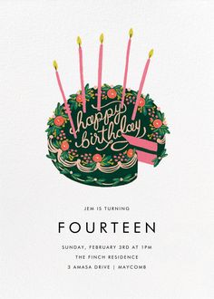 a birthday card with candles on top of a cake and the words happy birthday written in pink