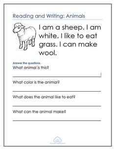 the worksheet for reading and writing animals, with an image of a sheep