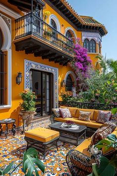 an outdoor living area with yellow furniture and potted plants on the outside wall, surrounded by colorful tiles