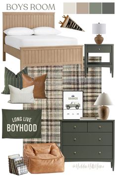 a bedroom with furniture and decor in shades of brown, green, beige and white