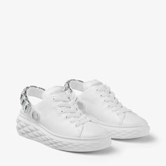 Diamond Sling | White Nappa Leather Slipper Trainers with Crystal Strap | New Collection | JIMMY CHOO Jimmy Choo Sneakers, Sock Ankle Boots, Sneakers Luxury, Sustainable Leather, Boot Jewelry, High Sneakers, Leather Slippers, High Quality Shoes, Jimmy Choo Shoes