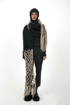 a long scarf with a black middle part and beige fishnet sides. Materials: 60% wool, 40% acrylicMeasurements:XS - Bust(cm):80-82; Waist(cm):63-64; Hips(cm):87-89.S - Bust(cm):83-84; Waist(cm):65-66; Hips(cm):90-92.M - Bust(cm):88-90; Waist(cm):68-70; Hips(cm):94-96.L - Bust(cm):92-94; Waist(cm):74-76; Hips(cm):98-100.XL - Bust(cm):96-98; Waist(cm):78-80; Hips(cm):102-104.Those who are between sizes should order the larger size. Long Knitted Scarf, Yohji Yamamoto Scarf, Knit Scarfs, Modern Scarf, Hip Scarves, Handmade Scarf, Boho Scarfs, Handmade Knit, Handmade Scarves