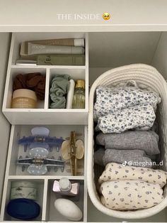 the inside of a closet filled with baby items