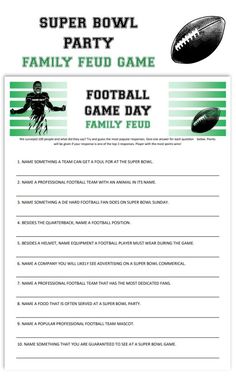 the super bowl party game is shown in this printable form, with an image of a football player on it