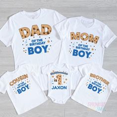 Matching Birthday Shirts Are Awesome!! Mom, Dad, Grandparent or other family members want to match? No Problem! Grab a coordinating family party shirt for the big day! All Adult Raglans & Tees are Unisex - Please check our size chart to ensure a good fit. SHIPPING Please be sure to check the shipping times or contact us 1st if you need your item by a certain date. Add Your Personalization on the product page in the personalization box or at checkout REFUNDS & EXCHANGES On personalized, customize Customizable Matching Tops For Birthday, Personalized Matching Tops For Birthday, White Shirt With Letter Print For Family Events, Blue Family Matching Shirt For Birthday, Family Matching Blue Shirt For Birthday, Family Matching Tops With Custom Print For Birthday, Fun Birthday Shirt For Father's Day, Family Matching Custom Print Birthday Shirt, Customizable Shirt For Birthday And Father's Day