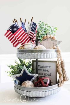 an american decor is displayed in a basket