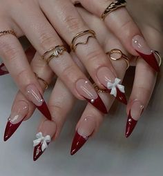 Red Nails With Bow, Red Bow Nails, Red Nails Winter, Red Winter Nails, Art Deco Nails, Hello Nails, Red French, Medium Almond