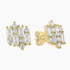 These stunning gold-plated sterling silver cluster stud earrings showcase an exquisite design, featuring a beautiful combination of sparkling baguette-cut and round stones. The stones are meticulously arranged to form an eye-catching cluster, with the baguettes and round stones alternating to create a dazzling effect that captures light from various angles. A versatile, modern and sophisticated addition to any jewelry collection, perfect for both casual and formal occasions. Gold Cluster Earrings With Cubic Zirconia, Dazzling Gold Cluster Earrings, Baguette Studs, Baguette Cut, Gold Plated Sterling Silver, Exquisite Design, Formal Occasion, Jewelry Collection, To Create