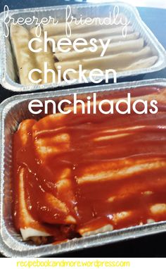 two tins filled with chicken enchiladas on top of a stovetop