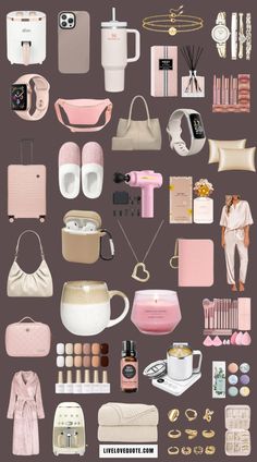 the contents of a woman's purse are shown in pink and beige colors, including white