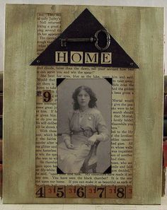 an old photo frame with the words home on it and a woman's face