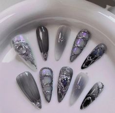 What's included in your order: 💓 Set of 10 Press on Nails 💓1 App Kit: 💓Mini nail filer 💓 cuticle pusher 💓24 nail adhesive tabs 💓Alcohol Prep Padhandmade purple and silver press on nail | purple heart press on nail | gift for her | Custom Size: 💓Choose custom size option, don't forget to add measurements of your 10 nails in the note section. 💓Nail set is handmade so they may slightly differ from the image shown. Due to differences in computer monitors, phone displays and tablet displays, Ongles Goth, Punk Nails, Gothic Nails, Goth Nails, Grunge Nails, Pretty Gel Nails, Really Cute Nails, Nail Swag, Funky Nails