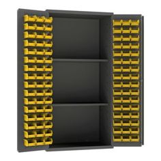 an open storage cabinet with yellow bins on the bottom and black shelves above it