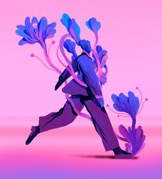 a man is running with blue flowers on his back and purple leaves in the air