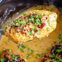 a close up of a spoon full of chicken with sauce and garnishes