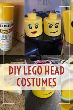 lego head costumes made out of yellow plastic cups and other items with the words diy lego head costumes on them