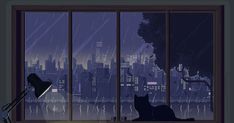 a cat sitting on a window sill in front of a cityscape at night