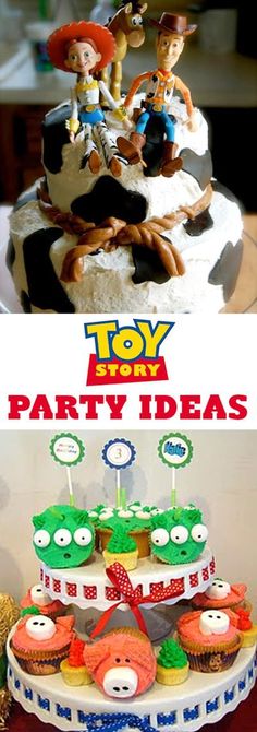 toy story party ideas for kids with toys on top and cupcakes in the bottom