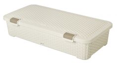 a white wicker storage box with handles