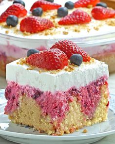 two pieces of cake with strawberries on top