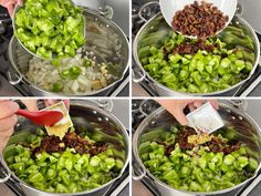 four pictures show how to cook green beans and onions in the same pot, then stir fry