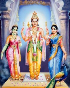 three deities standing in front of a peacock