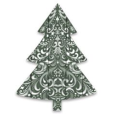 a christmas tree cut out from wood with white and green designs on it's sides