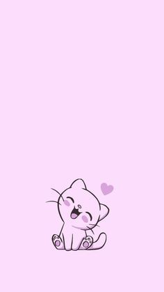 a pink wall with a cartoon cat sitting on the ground and hearts flying above it