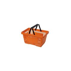 an orange shopping basket with black handles