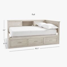 a bed with two drawers underneath it and a pillow on top of the headboard